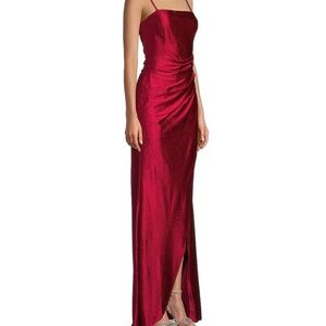 Honey and Rosie Junior M Glitter Pleated Side Slit Long Cherry Strap Dress